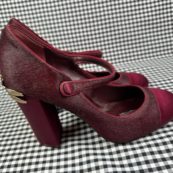 Tory Burch Satin Burgundy Red Mary Jane Imogene Gold Dragonfly Heel Women's 8.5 - Picture 4 of 6